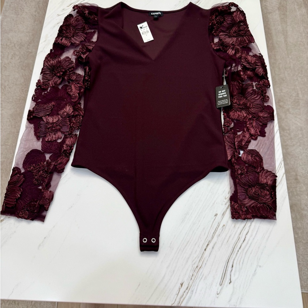 Express Burgundy Bodysuit with Floral Sleeves